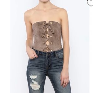 Luxxel faux suede lace up corset bodysuit. Nwt. Med